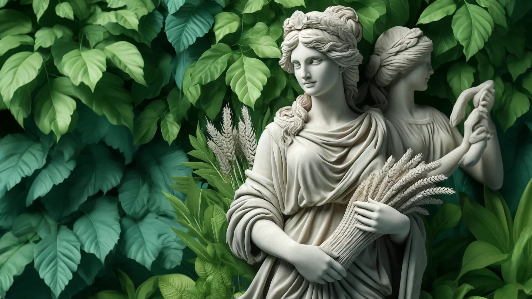 Dall·e 2024 04 15 16.58.45 Create An Image Featuring A Stone Statue Of Demeter, The Greek Goddess, In The Foreground. She Is Depicted With Traditional Ancient Greek Attire, A Se