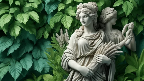 Dall·e 2024 04 15 16.58.45 Create An Image Featuring A Stone Statue Of Demeter, The Greek Goddess, In The Foreground. She Is Depicted With Traditional Ancient Greek Attire, A Se